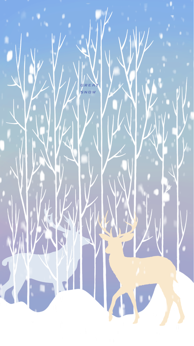 二十四节气大雪手绘插画，森林，鹿