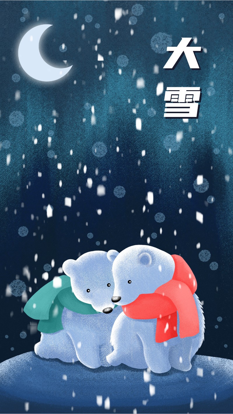 二十四节气大雪手绘插画，北极熊，夜晚