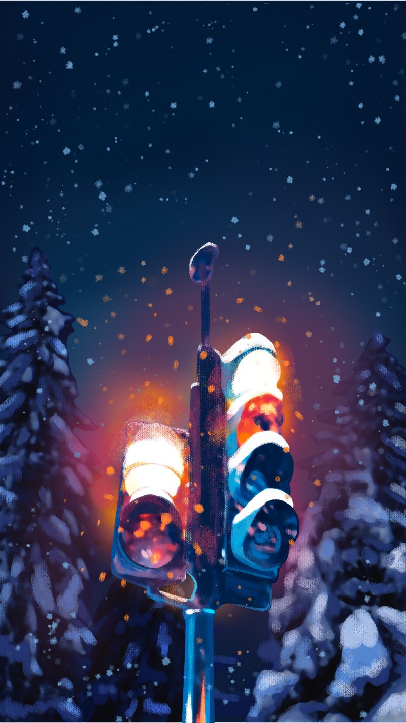 小雪，节气，路灯，手绘，手机海报