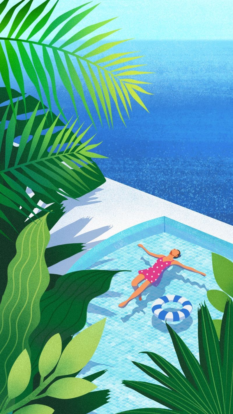 你好七月，夏天海边，手绘插画，手机海报