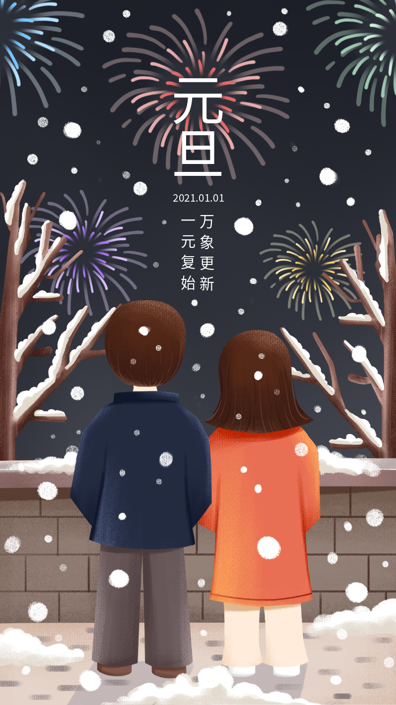 元旦快乐，情侣，雪花烟花，插画